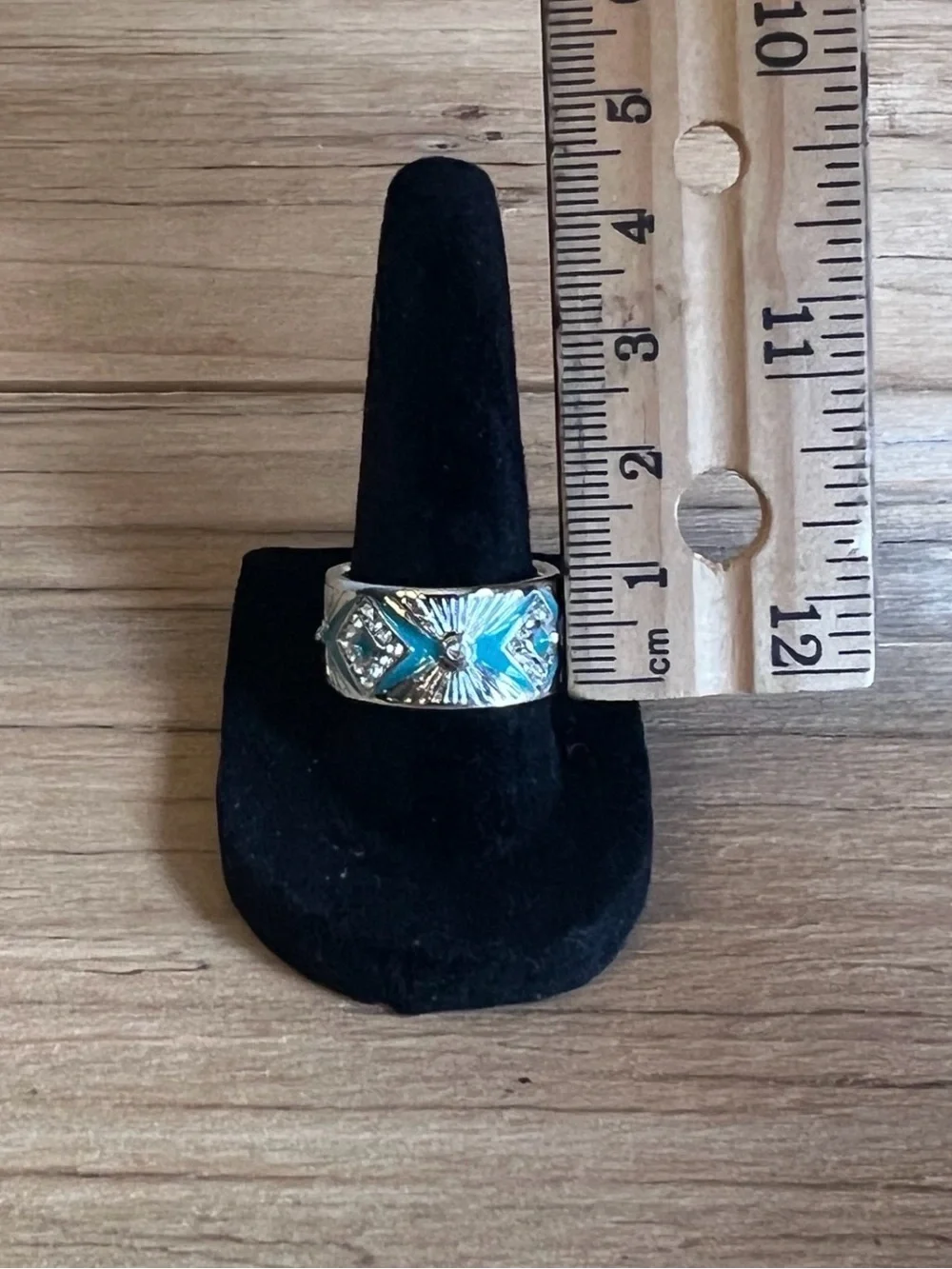 Silver Tone Turquoise Enamel Wide Band Ring size 7.5